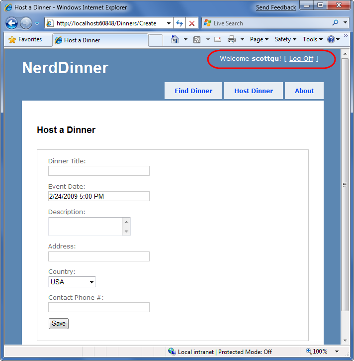Screenshot della pagina Nerd Dinner Host a Dinner form .Screenshot della pagina Nerd Dinner Host a Dinner Form. I pulsanti Benvenuto e Disconnessione sono evidenziati nell'angolo superiore destro.