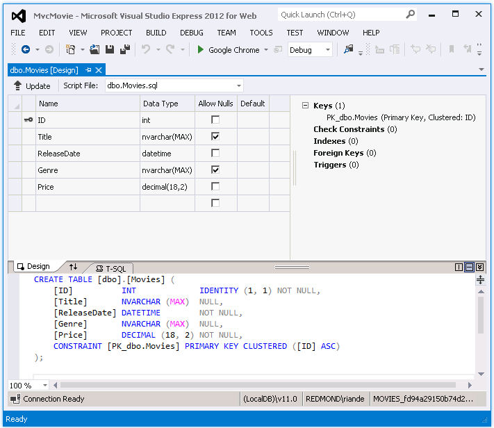 Screenshot che mostra la scheda d b o dot Movies e il codice entity Framework sottostante.