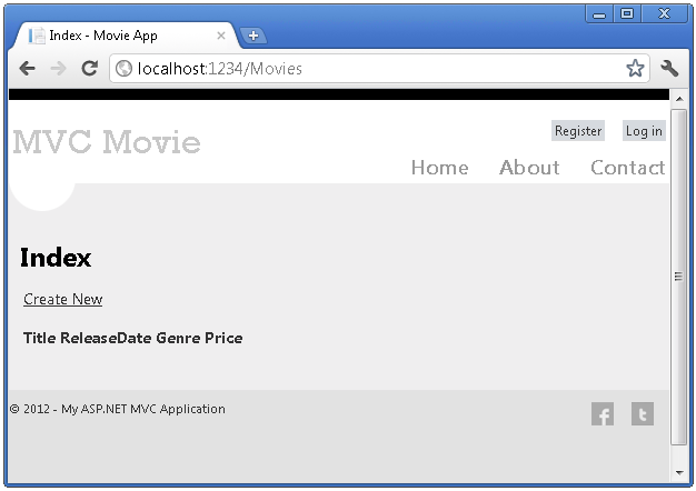 Screenshot che mostra la pagina M V C Movie Index.