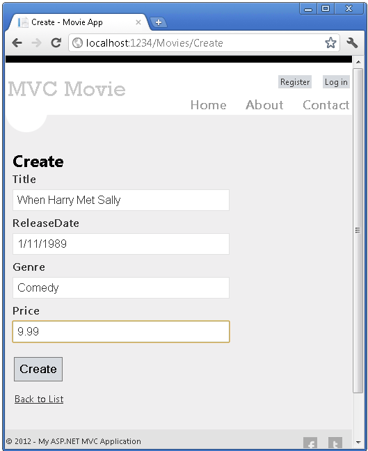 Screenshot che mostra la pagina M V C Movie Create.