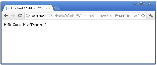 Screenshot che mostra un browser con il testo Hello Scott Num Times è 4 nella finestra.