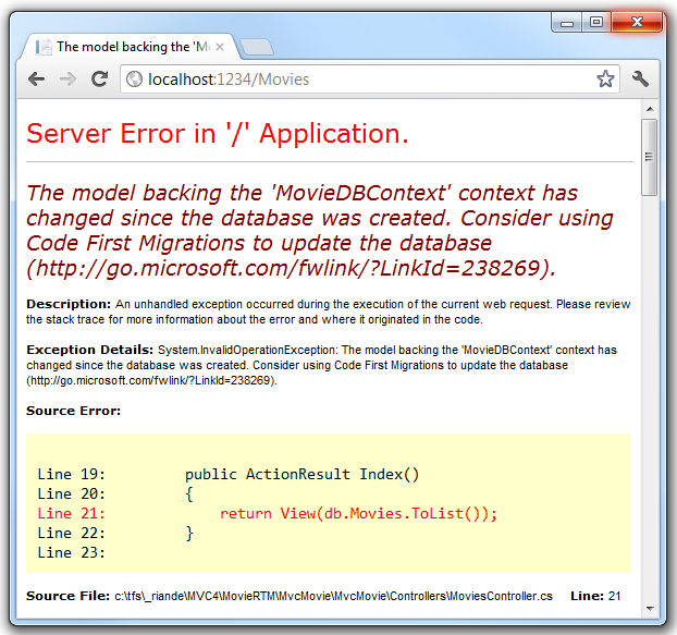 Screenshot che mostra la finestra del browser con un errore che indica l'errore del server nell'applicazione.