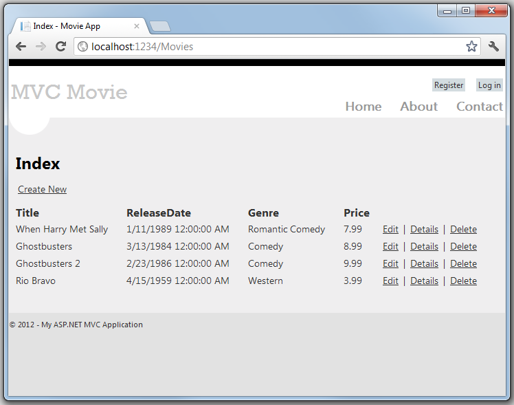 Screenshot che mostra la pagina M V C Movie Index con un elenco di quattro film.