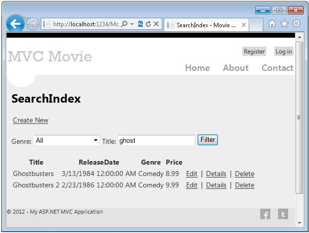 Screenshot che mostra la pagina Indice di ricerca dell'app Movie M V C. Ghost viene immesso nella barra di ricerca titolo.