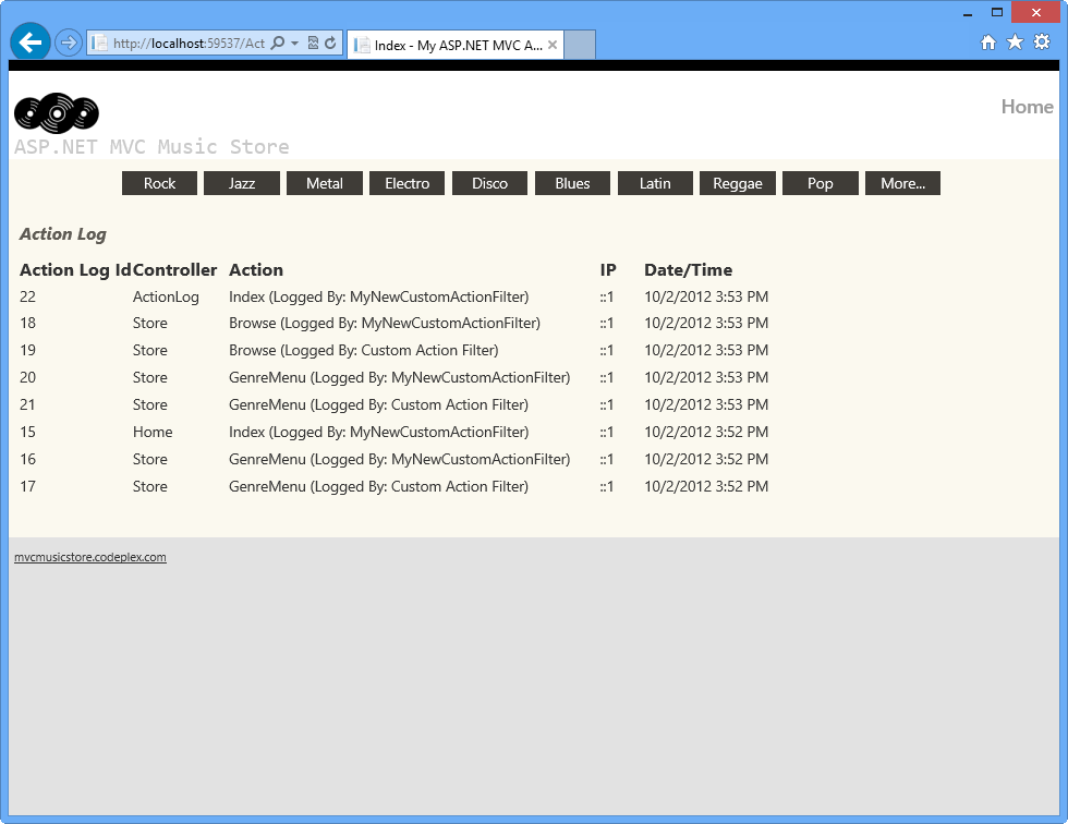 Screenshot che mostra il log azioni in cui è possibile controllare il nuovo filtro personalizzato.