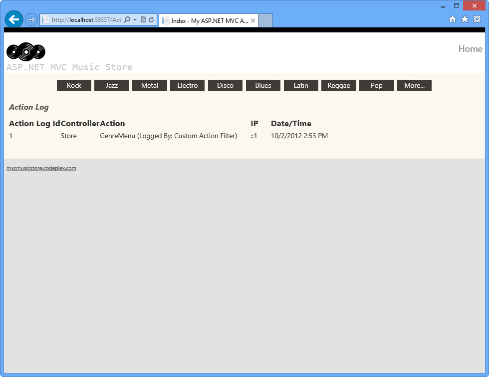 Screenshot che mostra lo stato del log azioni prima dell'attività della pagina.