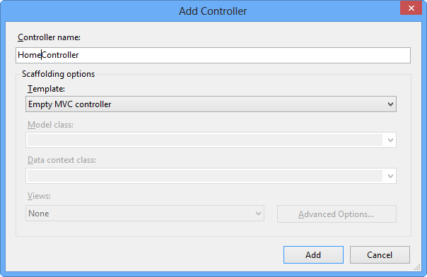 Screenshot della finestra di dialogo Aggiungi controller con opzioni disponibili per creare il controller.