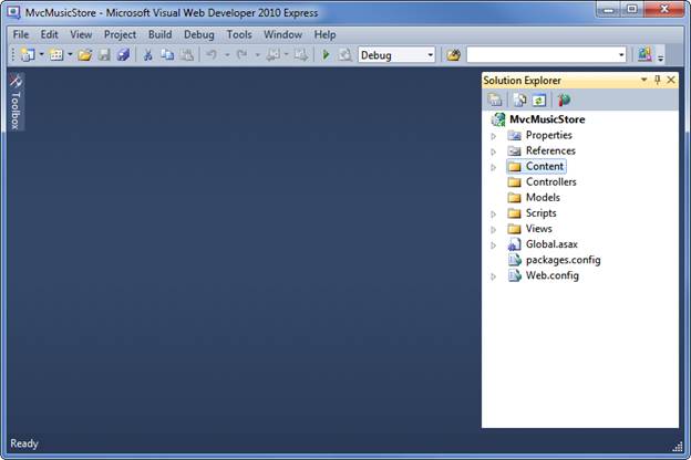 Screenshot della finestra Esplora soluzioni, dopo la creazione del progetto, che mostra un elenco delle cartelle aggiunte all'applicazione.