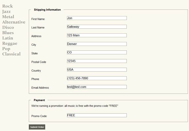 Screnshot che mostra le opzioni di ingresso per le informazioni di spedizione e pagamento dell'acquirente, con un segnaposto per l'immissione di codici promozionali.