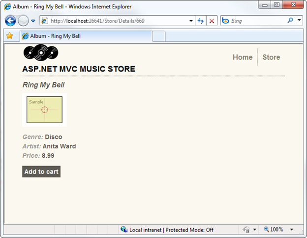 Screenshot della finestra Music Store che mostra la visualizzazione Dettagli album aggiornata e il pulsante Aggiungi al carrello.