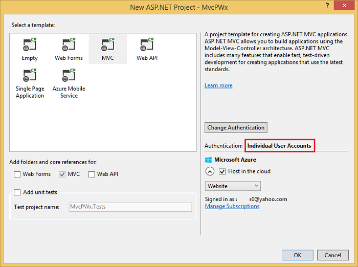 Screenshot che mostra la finestra New A S P dot NET Project (Nuovo progetto P punto NET). L'autenticazione predefinita, Account utente singolo, è evidenziata.