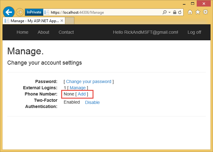 Screenshot che mostra la pagina Impostazioni account dell'app A P dot NET. Nessuna Aggiungi accanto alla sezione Numero di telefono è evidenziata.