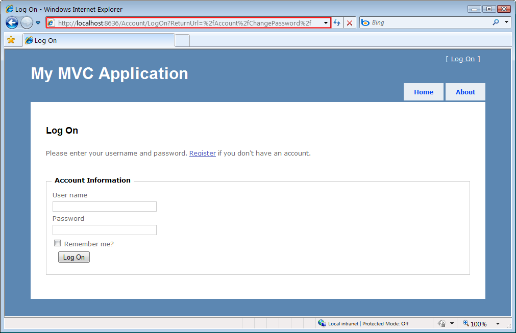 Screenshot che mostra la pagina Accesso applicazione M V C. La barra del titolo è evidenziata.