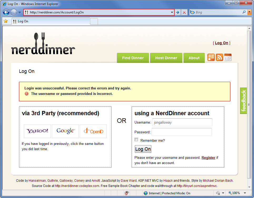 Screenshot che mostra la pagina Nerd Dinner Log On in formato forrd, richiedendo all'utente di immettere di nuovo le credenziali. Nella barra del titolo viene evidenziato il forged U R L nella barra del titolo.