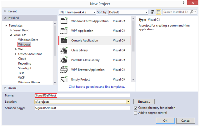 Screenshot della schermata Nuovo progetto con l'opzione Windows, il modello applicazione console e il campo Nome evidenziato.