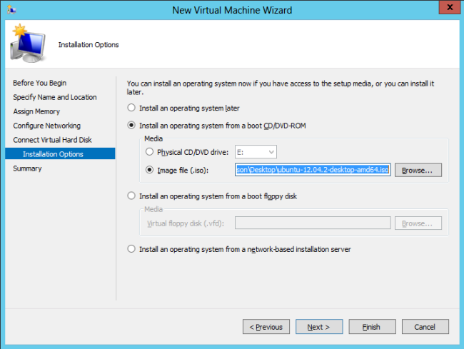 Screenshot della Creazione guidata nuova macchina virtuale con il riquadro Opzioni di installazione e l'opzione File immagine evidenziata.