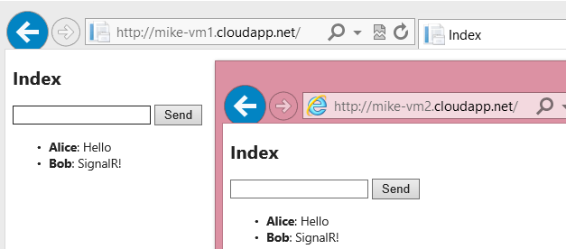 Screenshot di due finestre del browser aperte che mostrano l'applicazione distribuita in due server.