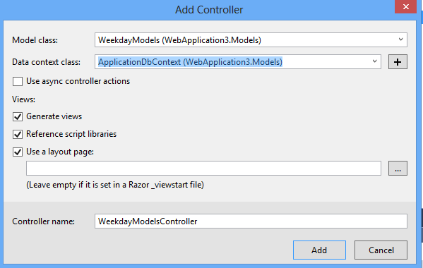 Screenshot della finestra di dialogo Aggiungi controller con il campo Classe modello selezionato e Classe di contesto dati selezionato e evidenziato.