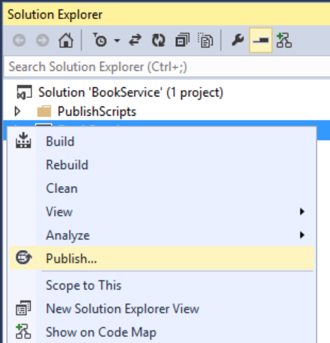 Screenshot della finestra Esplora soluzioni con il pulsante destro del mouse sul progetto e l'elemento Pubblica nell'elenco evidenziato in giallo.