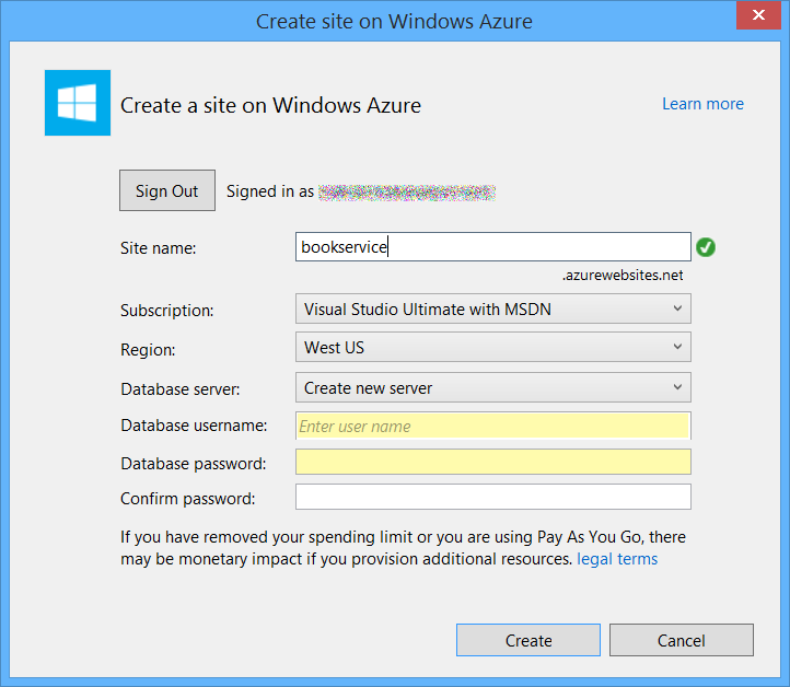 Screenshot della finestra di dialogo Crea sito in Windows Azure con il nome utente del database e i campi password del database evidenziati in giallo.