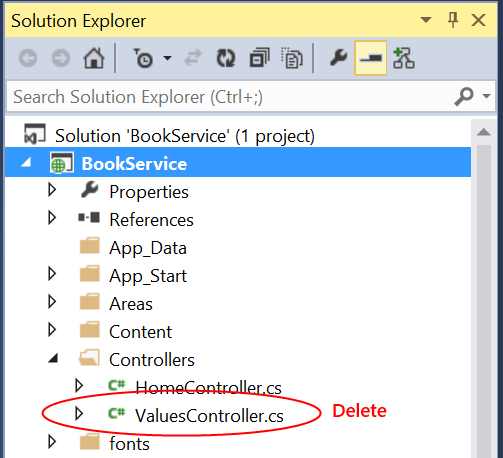 Screenshot della finestra Esplora soluzioni che mostra il file Values Controllers dot c s evidenziato in rosso che indica che deve essere eliminato.