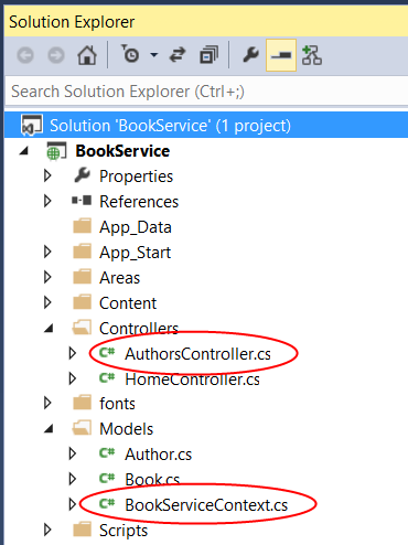 Screenshot della finestra Esplora soluzioni con il file Authors Controller dot c s e il file Book Service Context dot c s cerchiato in rosso.