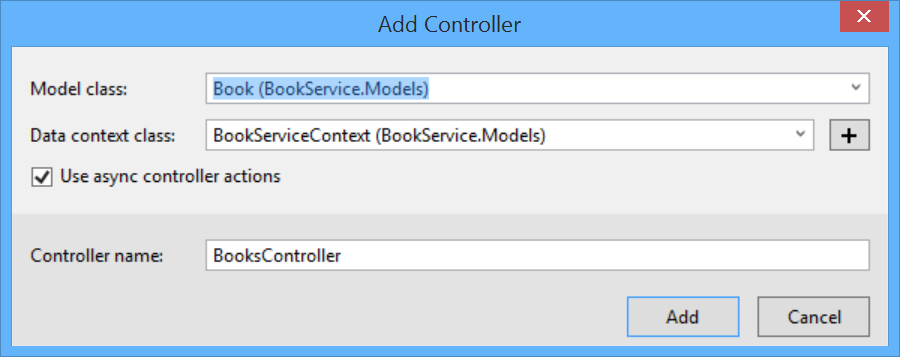 Screenshot della finestra Aggiungi controller con la classe Book model selezionata nel menu a discesa Classe modello.