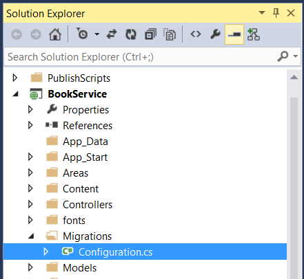 Screenshot del Esplora soluzioni che mostra la gerarchia di cartelle con il file configuration dot c s evidenziato in blu.