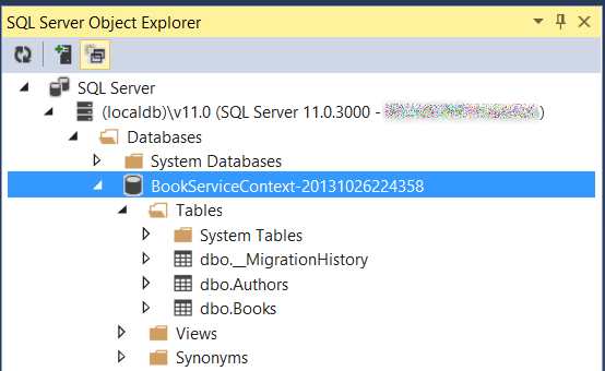 Screenshot del server S Q L Esplora oggetti che mostra la gerarchia di cartelle con l'elemento Book Service Context evidenziato in blu.