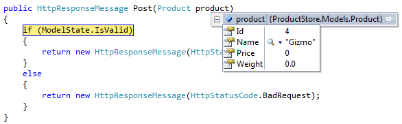Screenshot del frammento di codice con le opzioni del menu a discesa del punto Product punto product.