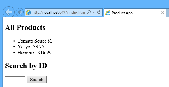 Screenshot del Web browser, che mostra un modulo elenco tutti i prodotti, con i relativi prezzi, seguito dal campo 'search by I D' sotto di esso.