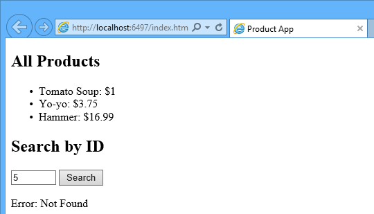 Screenshot del browser, che elenca tutti i prodotti e i relativi prezzi e mostra il messaggio di errore 'not found' nel campo 'search by I D'.