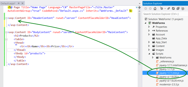 Screenshot delle finestre esplora soluzioni e editor di codice usando una freccia verde per visualizzare dove eliminare lo script nel codice.