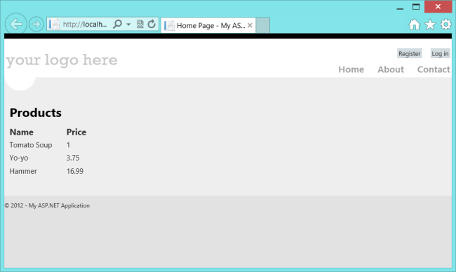 Screenshot del Web browser che visualizza l'etichetta, i nomi e i prezzi dei prodotti come esempio per rappresentare l'aspetto desiderato.