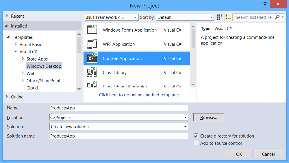 Screenshot della finestra di dialogo nuovo progetto, evidenziando il percorso tramite le opzioni di menu, per creare un nuovo progetto di applicazione console.