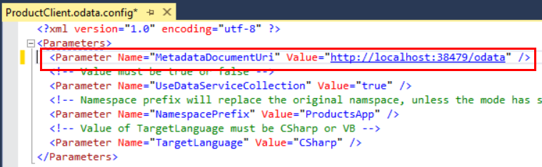 Screenshot del file di configurazione del client O Data del prodotto che mostra un esempio di U R I dopo essere incollato nell'elemento del parametro.