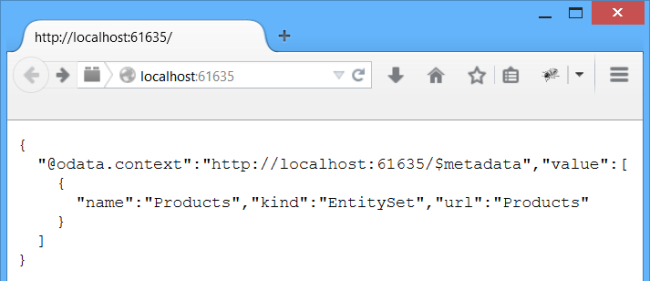Screenshot dell'host locale del Web browser, che mostra il codice del progetto Product Service in esecuzione in Visual Studio.