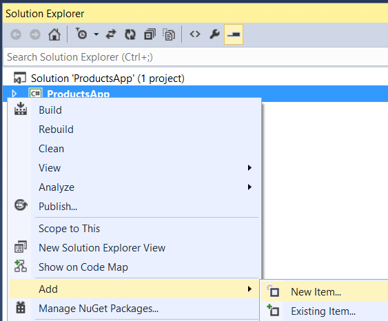 Screenshot della finestra di dialogo Esplora soluzioni, che mostra il percorso del file per l'aggiunta di un nuovo elemento al progetto, evidenziando le opzioni in giallo.