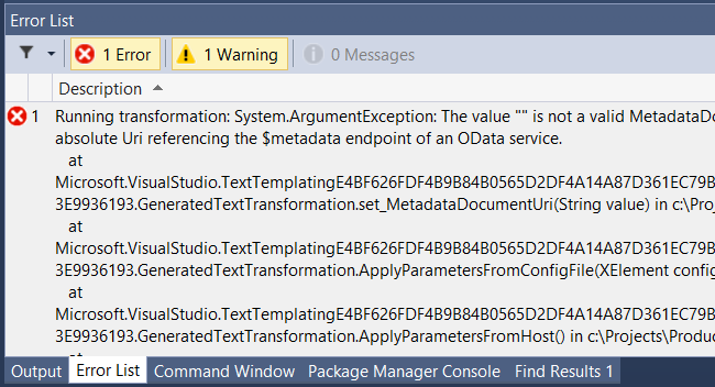 Screenshot della finestra del messaggio di errore, che mostra una scheda di errore e una scheda di avviso, insieme a un messaggio dettagliato dell'errore.