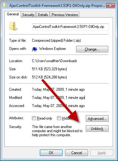 Sblocco del file ZIP di AJAX Control Toolkit