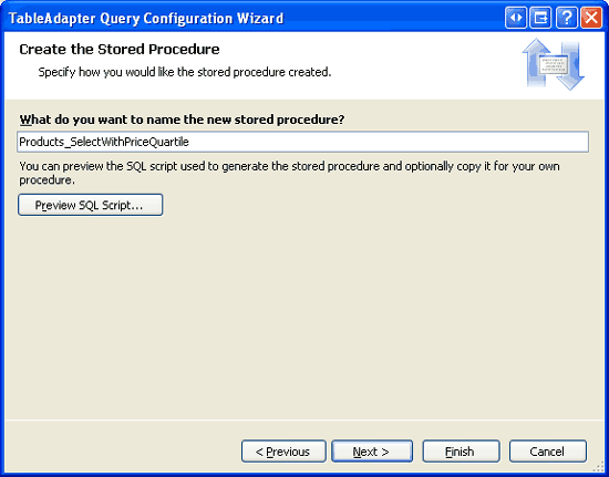 Assegnare alla stored procedure il nome Products_SelectWithPriceQuartile