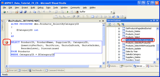 Impostare un punto di interruzione nella stored procedure di Products_SelectByCategoryID