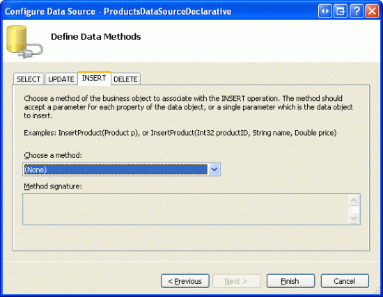 Impostare l'elenco Drop-Down su (Nessuno) per le schede INSERT e DELETE