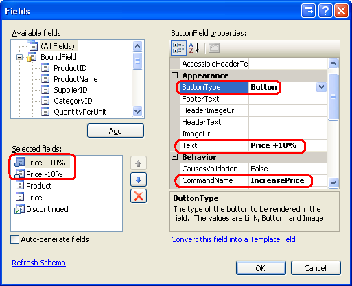Configurare le proprietà Text ButtonFields, CommandName e ButtonType