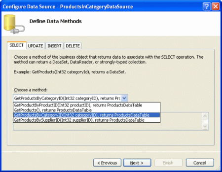 Fare in modo che ObjectDataSource Invoke il metodo GetProductsByCategoryID(categoryID)