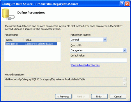 Screenshot che mostra la finestra Configura origine dati con il valore del parametro categoryID selezionato.