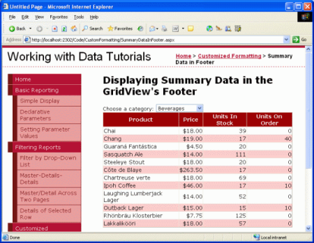 Screenshot che mostra il report GridView per i prodotti appartenenti alla categoria Bevande.