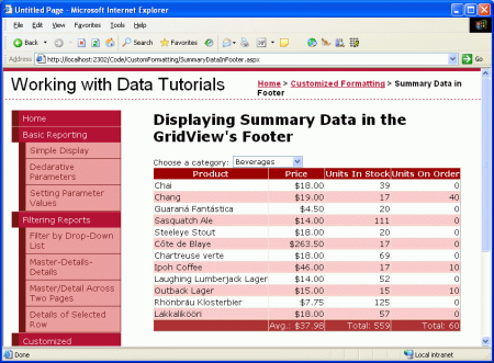 Screenshot che mostra i dati di riepilogo nella riga del piè di pagina di GridView formattata come valuta.