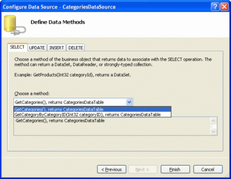 Fare in modo che ObjectDataSource richiami il metodo GetCategories() della classe CategoriesBLL