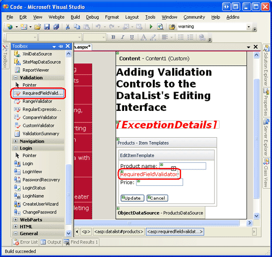 Aggiungere un oggetto RequiredFieldValidator all'oggetto EditItemTemplate Dopo productName TextBox